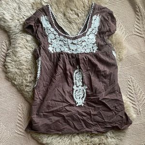 Y2K Brown Cotton Embroidered Peasant Blouse